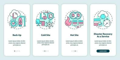 Typen von Katastrophe Wiederherstellung Onboarding Handy, Mobiltelefon App Bildschirm. Komplettlösung 4 Schritte editierbar Grafik Anleitung mit linear Konzepte. ui, ux, gui Vorlage vektor