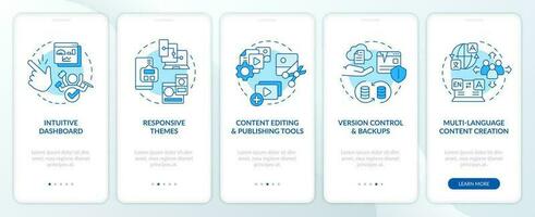 nyckel cms fördelar blå onboarding mobil app skärm. genomgång 5 steg redigerbar grafisk instruktioner med linjär begrepp. ui, ux, gui mallar vektor