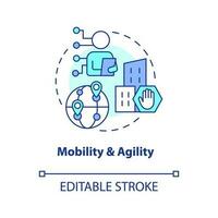 Mobilität und Beweglichkeit im Geschäft Konzept Symbol. iot Technologie. Fernbedienung Arbeit abstrakt Idee dünn Linie Illustration. isoliert Gliederung Zeichnung. editierbar Schlaganfall vektor