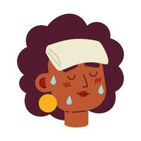 afrikanisch amerikanisch dehydriert Frau halb eben Vektor Charakter Kopf. nass Handtuch auf Stirn. editierbar Karikatur Benutzerbild Symbol. Gesicht Emotion. bunt Stelle Illustration zum Netz Grafik Design, Animation