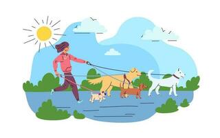 Karikatur Farbe Charakter Frau und Hund Gehen Bedienung Konzept. Vektor