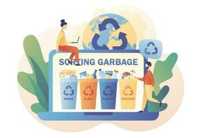 Recycling Müll online Service. winzig Menschen Sortierung Müll Abfall im Behälter zum Recycling und Wiederverwendung. Papier, Glas, Plastik, organisch. Null Abfall Konzept. modern eben Karikatur Stil. Vektor
