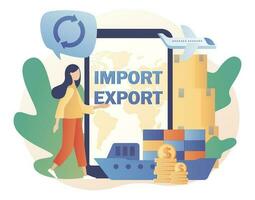 online Logistik Geschäft. global handeln. importieren und Export - - Text auf Smartphone Bildschirm. winzig Frau Verkauf Waren und Dienstleistungen weltweit. modern eben Karikatur Stil. Vektor Illustration auf Weiß Hintergrund