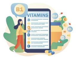 Vitamine Komplex. gesund Lebensstil. winzig Frau lesen aufführen multi Vitamin Ergänzung, Vitamin A, Gruppe b b1, b2, b6, b12, C, D, e, k auf Smartphone. modern eben Karikatur Stil. Vektor Illustration