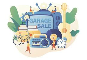 Garage Verkauf online. Floh Markt. Hof Verkauf. winzig Verkäufer und Kunden. Jahrgang Waren oder Lappen gerecht. Basar. modern eben Karikatur Stil. Vektor Illustration auf Weiß Hintergrund