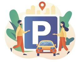 Parkplatz - - groß Straße unterzeichnen. winzig Menschen suchen zum Parkplatz Raum, Park Automobil. Öffentlichkeit Parkplatz im groß Stadt. städtisch Transport. modern eben Karikatur Stil. Vektor Illustration auf Weiß Hintergrund