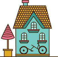 Vektor Haus mit Gelb Dach, Fahrrad und Gut Symbol. Vektor Blau Haus mit drei Fenster Symbol.