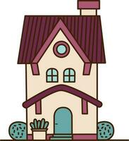 Vektor Weiß Haus mit Kamin Symbol. Vektor Haus mit Gebüsch und Blau Tür Symbol.
