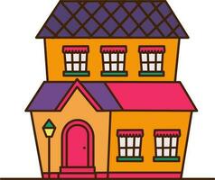 vektor söt tecknad serie hus med färgrik tak ikon. vektor stor hus med fem fönster och rosa dörr ikon.