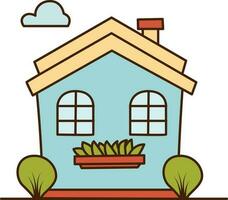 Vektor Blau Haus mit zwei Fenster und Gebüsch Symbol. Vektor Karikatur Haus mit Kamin Symbol.