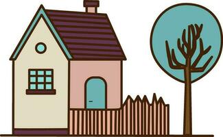 Vektor Karikatur Weiß Haus Fassade Symbol. Vektor Haus mit ein Hof und ein Zaun Symbol.