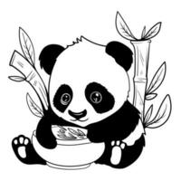 söt bebis panda översikt sida av färg bok för barn svart och vit hand målad djur- skisser i en enkel stil för tshirt skriva ut, märka, lappa eller klistermärke vektor illustration