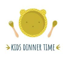barn tallrik, gaffel och sked silikon dishware för bebis vektor. vit bakgrund. barn middag tid vektor