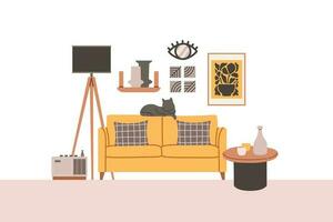 Leben Zimmer Innere einstellen mit Sofa, Sessel, Bücherregale. Vektor eben Stil Sammlung von Möbel zum Haus isoliert auf Weiß Hintergrund. Vektor Illustration