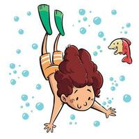 barns illustration av en flicka dykning omgiven förbi bubblor och en roligt fisk vektor