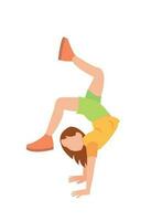 Lycklig flicka gymnast tränar. liten barn håller på med gymnastik. söt unge på Gym balansering hållning. junior akrobat Träning. sporter aktivitet. platt vektor illustration