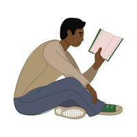 ein Illustration von ein dunkel Haut Mann lesen ein Buch. ein Person Sitzung und studieren. schwarz Leser. isoliert auf Weiß. vektor