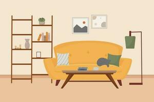 Leben Zimmer Innere, Möbel, Design Elemente, modern heim, komfortabel Sofa, Bücherregal, Lampe, Katze, Bücher, Becher, Vase, Anlage, Kaffee Tisch, Vektor eben Stil Illustration