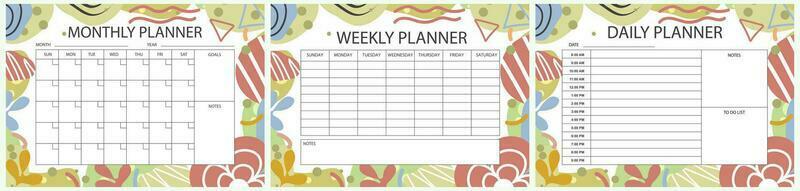 tryckbar planerare mall uppsättning. uppsättning av en gång i månaden, varje vecka, dagligen planerare mall med anteckningar, mål och till do lista. schema, dagordning, planerare Översikt, tidning, arrangör, vektor illustration