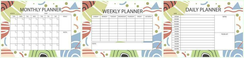 tryckbar planerare mall uppsättning. uppsättning av en gång i månaden, varje vecka, dagligen planerare mall med anteckningar, mål och till do lista. anteckningsbok sida, företag arrangör sida isolerat, vektor illustration