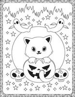 halloween färg sidor, halloween katt färg sidor för ungar, halloween illustration, halloween vektor, svart och vit, katt illustration vektor