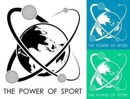 Golf Bälle drehen um Planet Erde im bilden von Atom. Leistung und Energie von Sport. Sport Wettbewerb Emblem. Vektor
