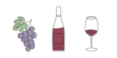 vin uppsättning druva, flaska, vin glas dragen i ett kontinuerlig linje i Färg. ett linje teckning, minimalism. vektor illustration.