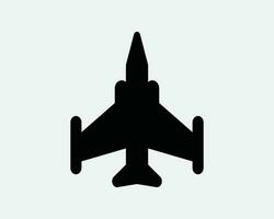 Kämpfer Jet schwarz und Weiß Symbol. Militär- Flugzeug Zeichen Kunstwerk. Kampf Krieg Flugzeug Vektor Illustration Clip Art Symbol. Luft Macht Flugzeug oben Aussicht Silhouette.