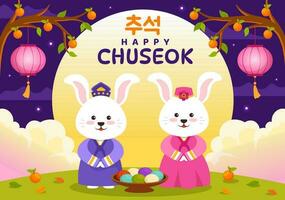 glücklich Chuseok Tag Vektor Illustration von Koreanisch das Erntedankfest Veranstaltung mit Ernte Festival feiern auf Herbst Nacht Hintergrund Hand gezeichnet Vorlagen