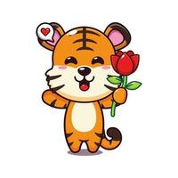 süß Tiger halten Rose Blume Karikatur Vektor Illustration.