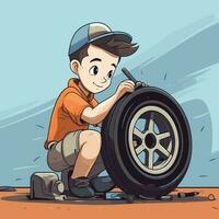 Vektor von ein jung Junge reparieren ein eben Reifen auf das Boden