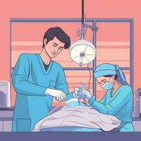 Vektor von ein chirurgisch Mannschaft durchführen ein Verfahren auf ein geduldig im ein Betriebs Zimmer