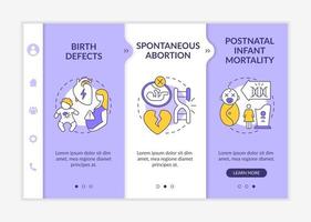 genetische Defekte Onboarding-Vektorvorlage. Responsive mobile Website mit Symbolen. Webseiten-Walkthrough-Bildschirme in 3 Schritten. Farbkonzept für Gesundheitsprobleme bei der Geburt mit linearen Illustrationen vektor