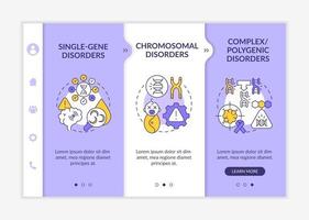 verschiedene genetische Störungen beim Onboarding von Vektorvorlagen. Responsive mobile Website mit Symbolen. Webseiten-Walkthrough-Bildschirme in 3 Schritten. Erbkrankheit Farbkonzept mit linearen Illustrationen vektor