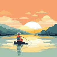 Vektor von ein heiter Sonnenuntergang Boot Reiten auf Ruhe Wasser