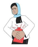 Frau im Hijab drücken Heizung Pads eben Linie Farbe Vektor Charakter. editierbar Gliederung Hälfte Körper Dame mit Menstruation Krämpfe auf Weiß. einfach Karikatur Stelle Illustration zum Netz Grafik Design