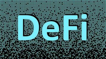 defi - - dezentral Finanzen, Blau Text auf fragmentiert Matrix Hintergrund von Quadrate. Ökosystem von finanziell Anwendungen und Dienstleistungen basierend auf Öffentlichkeit Blockchains. Vektor Illustration.