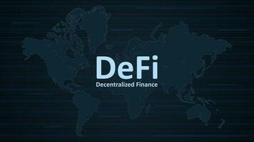 text defi decentraliserad finansiera på mörk bakgrund med värld Karta. ett ekosystem av finansiell tillämpningar och tjänster baserad på offentlig blockkedjor. vektor eps 10.