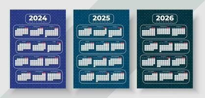 kalender 2024, 2025, 2026 år. vektor. vecka börjar söndag. brevpapper mall med 12 månader. kalander layout vektor