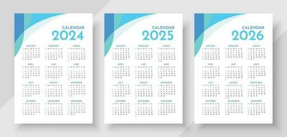 kalender 2024, 2025, 2026 år. vektor. vecka börjar söndag. brevpapper mall med 12 månader vektor