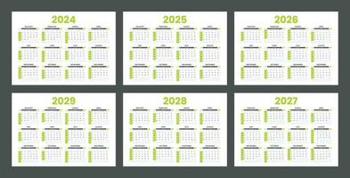 uppsättning av kalendrar för 2024, 2025, 2026, 2027, 2028 och 2029. minimalistisk stil kalender. vecka börjar från söndag vektor