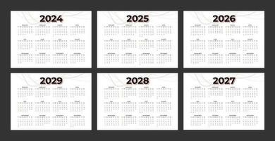 uppsättning av årlig kalender mall för 2024, 2025, 2026, 2027, 2028 och 2029. minimalistisk stil kalender. vecka börjar från söndag vektor