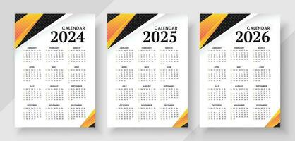 Kalender 2024, Kalender 2024 und Kalender 2026 Woche Start Sonntag korporativ Design Planer Vorlage. Mauer Kalender im ein minimalistisch Stil vektor