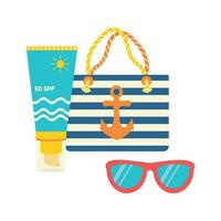 Strand einstellen zum Sommer- Reisen. Sonne Creme, Tasche, Sonnenbrille. vektor