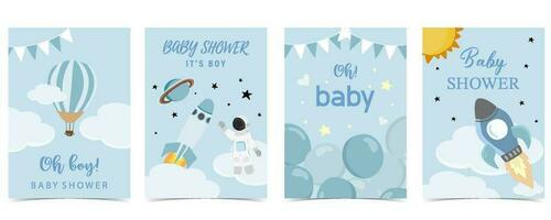 Baby Dusche Einladung Karte zum Junge mit Ballon, Wolke, Himmel, Blau vektor