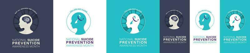 uppsättning av nationell självmord förebyggande medvetenhet månad hälsning kort och berättelse affischer. huvud och medvetenhet band begrepp. redigerbar vektor illustration. eps 10.