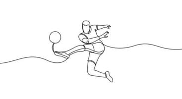das Fußball Spieler Treffer das Ball. Fußball. kontinuierlich Linie Zeichnung. minimalistisch schwarz linear skizzieren auf ein Weiß Hintergrund. Vektor Illustration