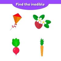 Vektor-Illustration. Puzzlespiel für Kinder im Vorschul- und Schulalter. das Ungenießbare finden. Erdbeeren, Radieschen, Karotten, Drachen vektor