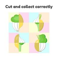vektor illustration. pusselspel för förskolebarn och skolåldern. klipp och samla på rätt sätt. grönsaker, vitlök, rov, broccoli, potatis