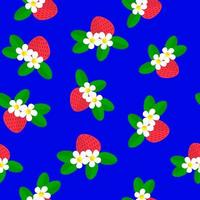 Vektor-Illustration. nahtloser Hintergrund. Muster mit roten Beerenerdbeeren, weißen Blumen und grünen Blättern auf einem Blau. vektor